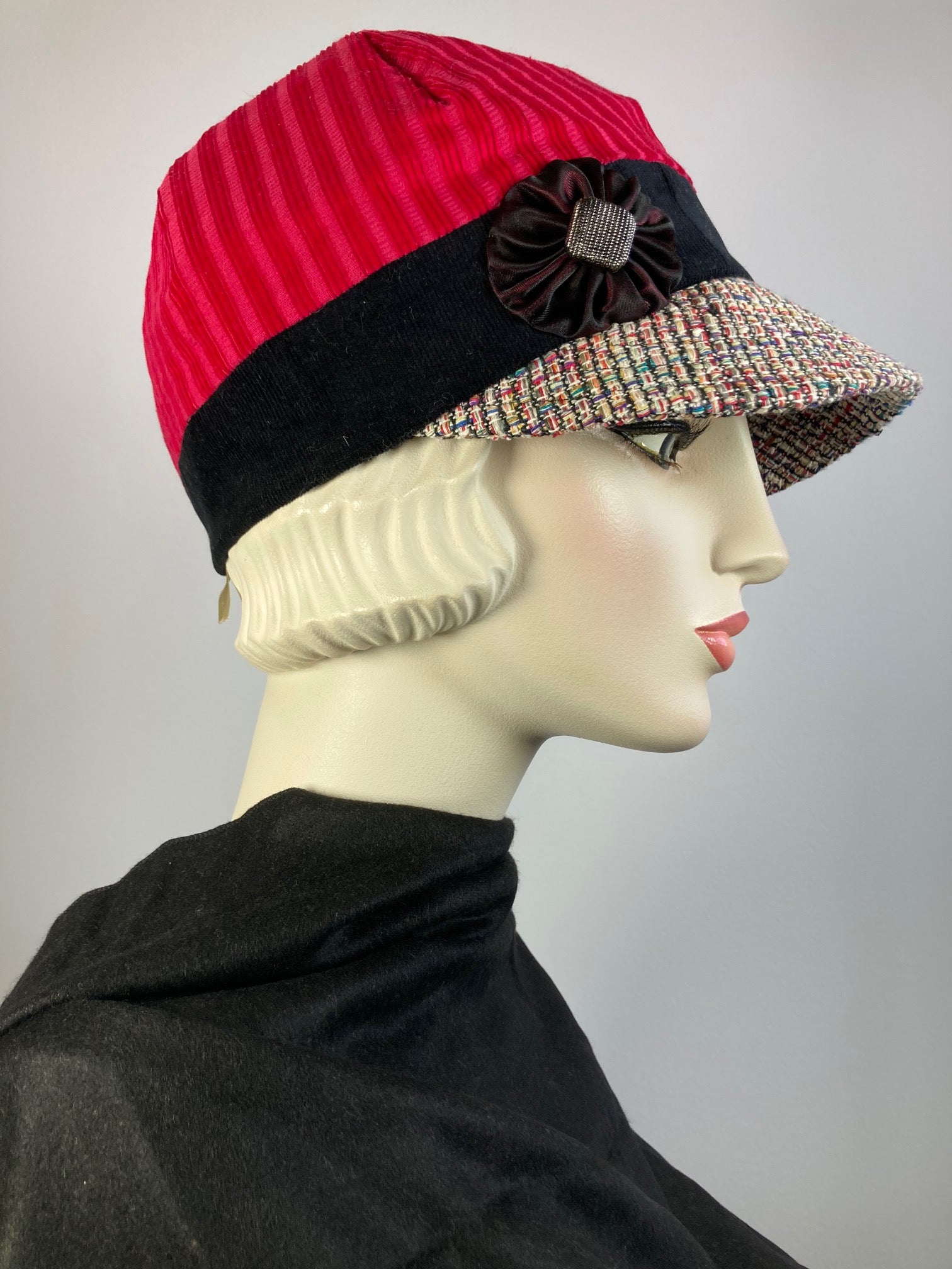 Women's red corduroy winter hat baseball style. Newsboy tweed brim. Casual hat ladies. Comfy packable travel hat. Stylish Ladies soft hat.