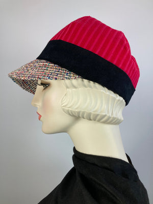 Women's red corduroy winter hat baseball style. Newsboy tweed brim. Casual hat ladies. Comfy packable travel hat. Stylish Ladies soft hat.