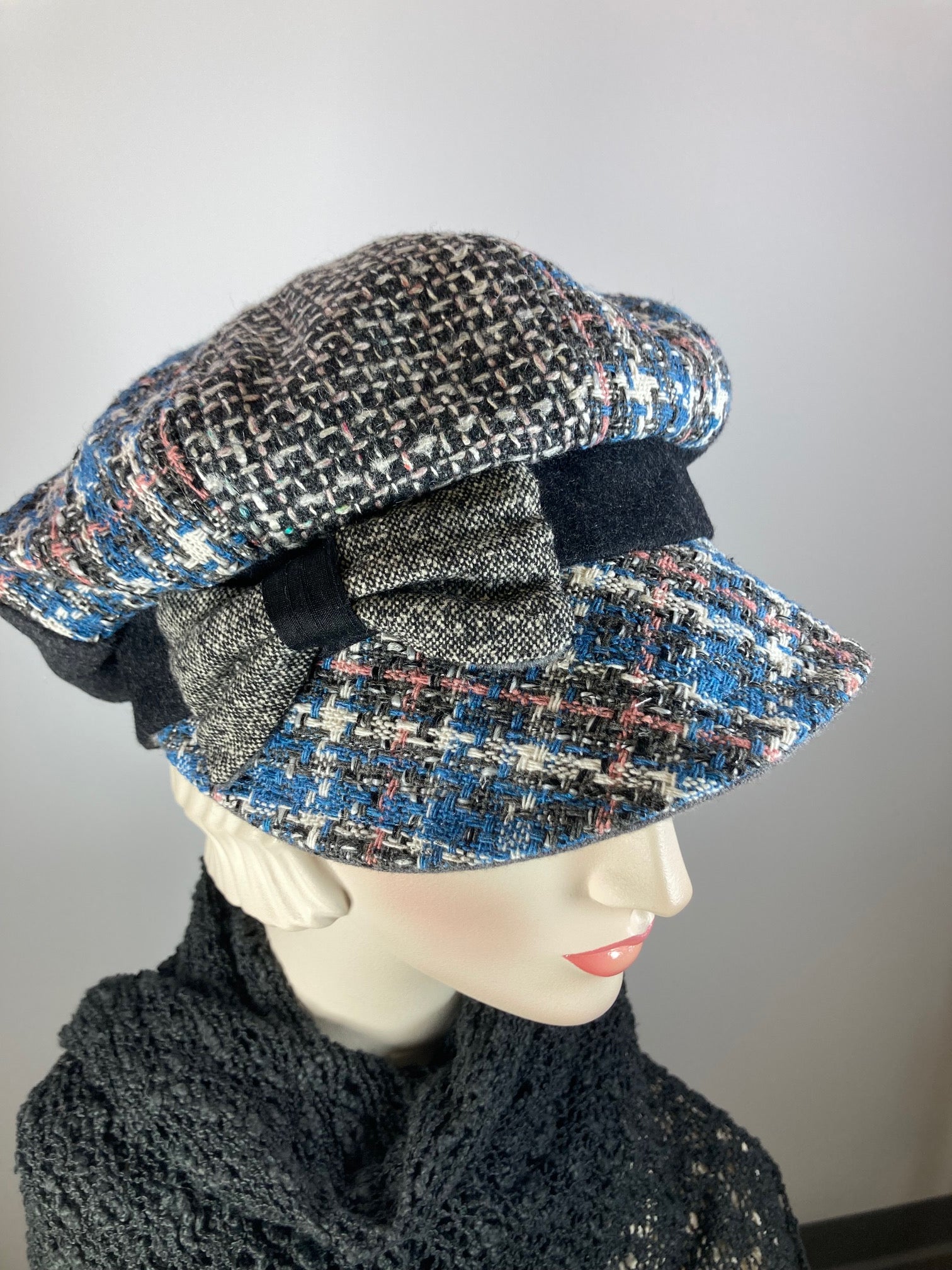 Ladies mixed fabric newsboy hat in pink, blue gray. Womens Multi Fabric one of a kind newsboy hat. Comfy travel ladies hat. Cozy Chic gray casual beret hat. Gatsby Shabby chic soft ladies hat.