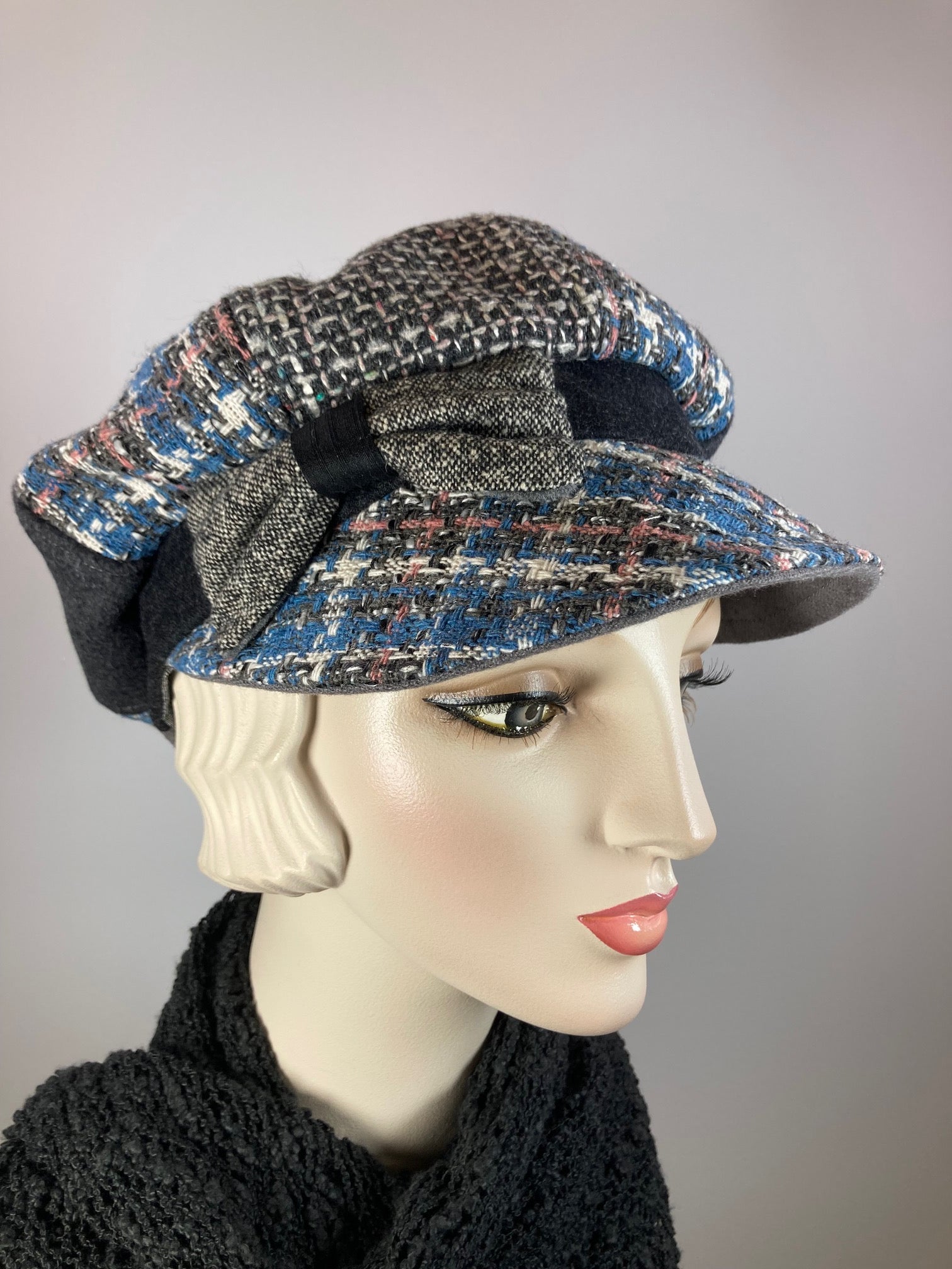 Ladies mixed fabric newsboy hat in pink, blue gray. Womens Multi Fabric one of a kind newsboy hat. Comfy travel ladies hat. Cozy Chic gray casual beret hat. Gatsby Shabby chic soft ladies hat.