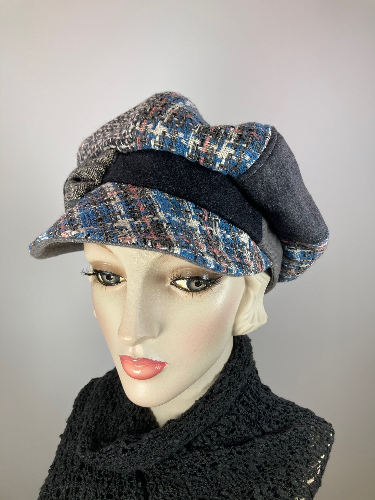 Ladies mixed fabric newsboy hat in pink, blue gray. Womens Multi Fabric one of a kind newsboy hat. Comfy travel ladies hat. Cozy Chic gray casual beret hat. Gatsby Shabby chic soft ladies hat.