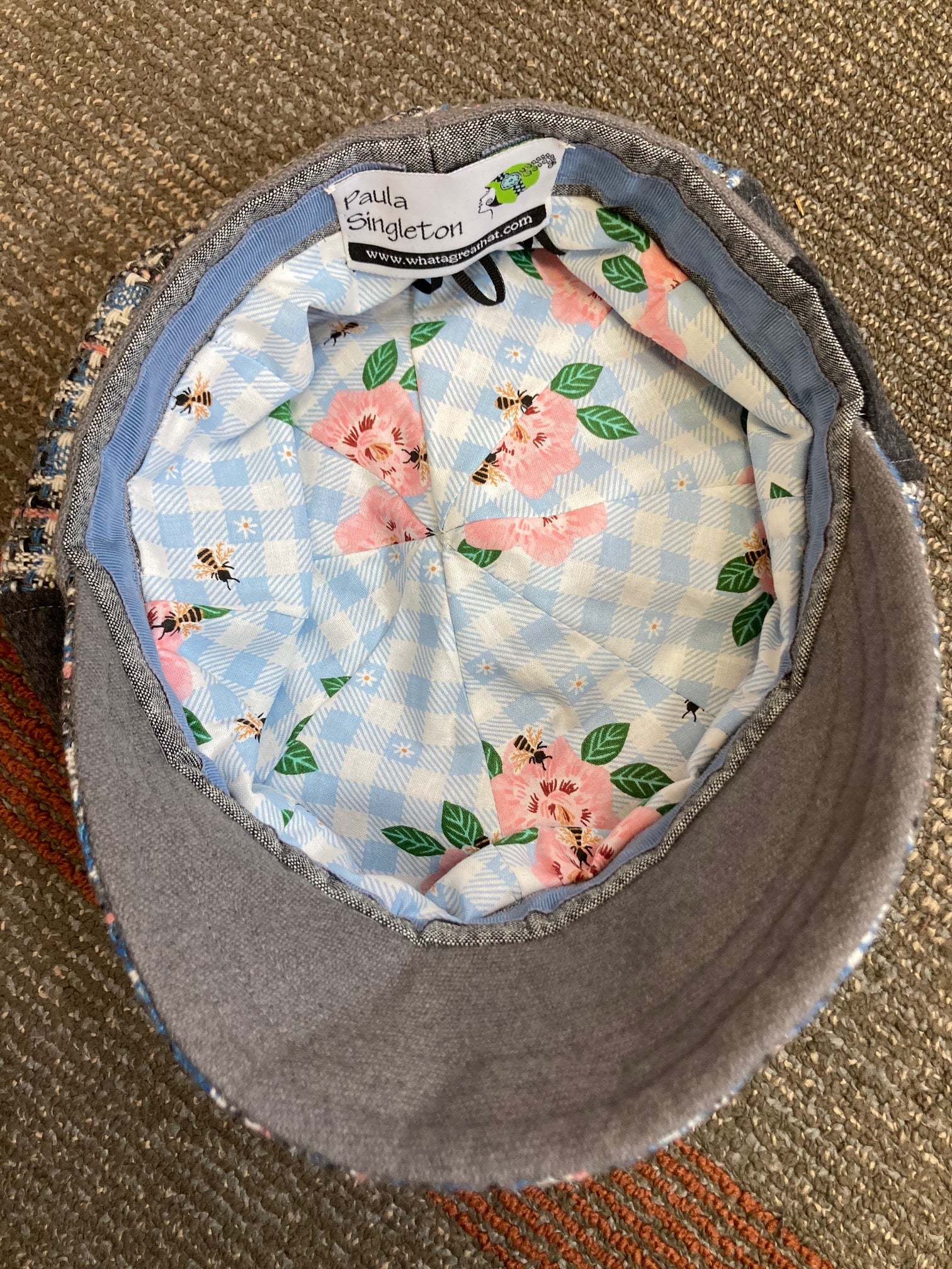 Ladies mixed fabric newsboy hat in pink, blue gray. Womens Multi Fabric one of a kind newsboy hat. Comfy travel ladies hat. Cozy Chic gray casual beret hat. Gatsby Shabby chic soft ladies hat.