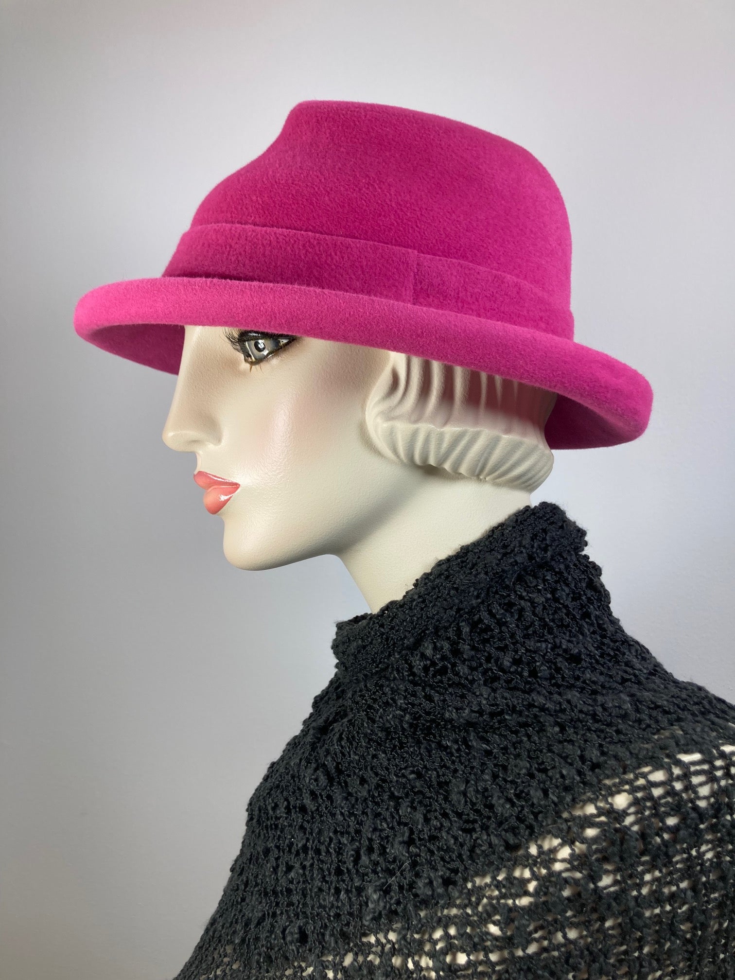 Women's Pink Fedora Warm Wool Winter Felt Hat. Ladies Winter Asymmetrical One of a Kind Hat. Timeless Classic pink small brim hat