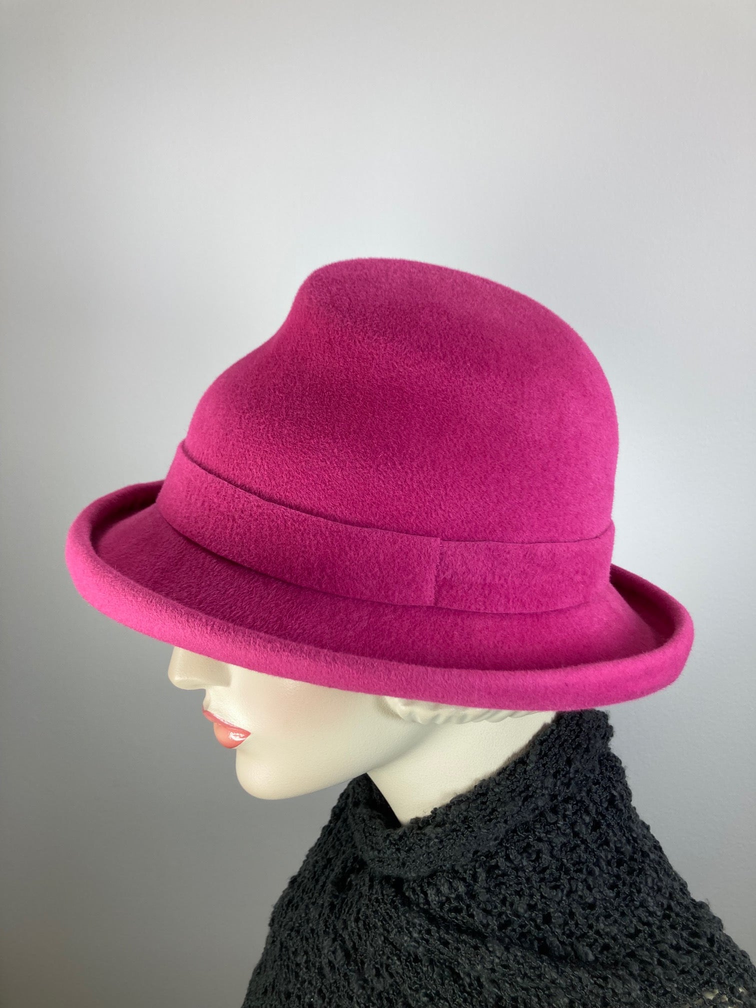 Women's Pink Fedora Warm Wool Winter Felt Hat. Ladies Winter Asymmetrical One of a Kind Hat. Timeless Classic pink small brim hat