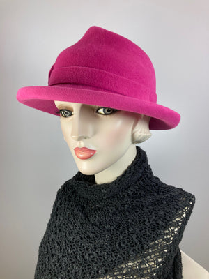 Women's Pink Fedora Warm Wool Winter Felt Hat. Ladies Winter Asymmetrical One of a Kind Hat. Timeless Classic pink small brim hat