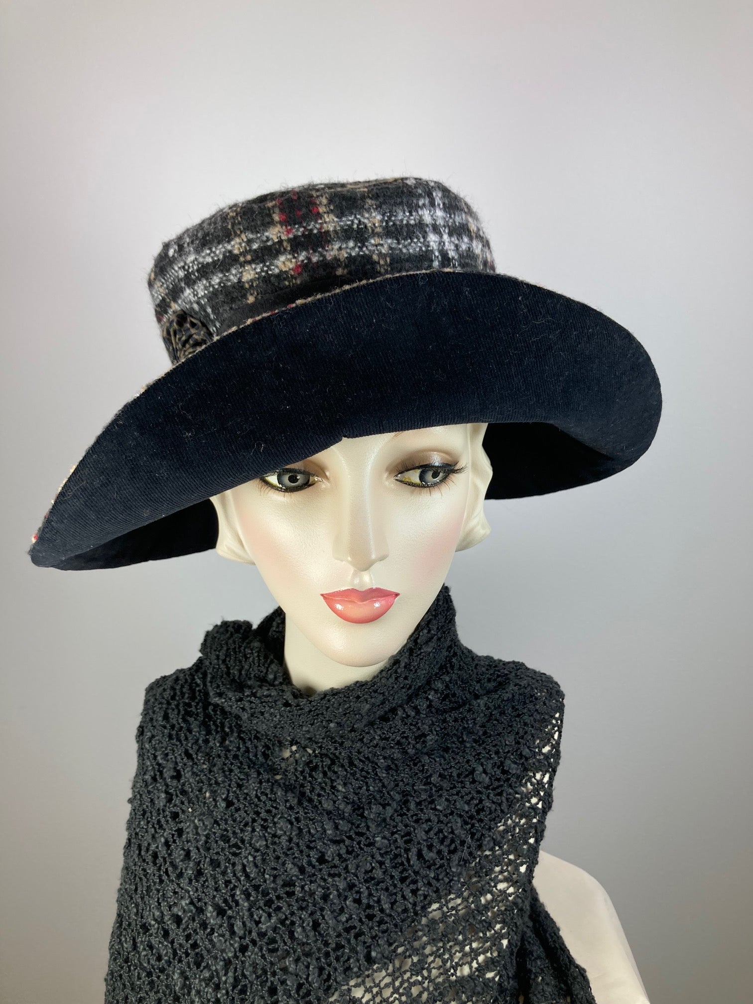 Dressy Wide Brim Hat. Ladies Warm Winter Hat. Ladies Black plaid fabric Brim Hat. Neutral womens winter hat. Warm Soft Travel Hat Women.