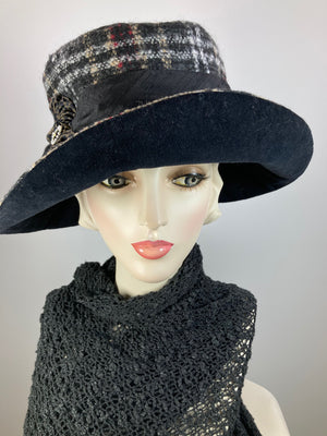 Dressy Wide Brim Hat. Ladies Warm Winter Hat. Ladies Black plaid fabric Brim Hat. Neutral womens winter hat. Warm Soft Travel Hat Women.