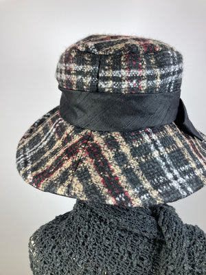 Dressy Wide Brim Hat. Ladies Warm Winter Hat. Ladies Black plaid fabric Brim Hat. Neutral womens winter hat. Warm Soft Travel Hat Women.