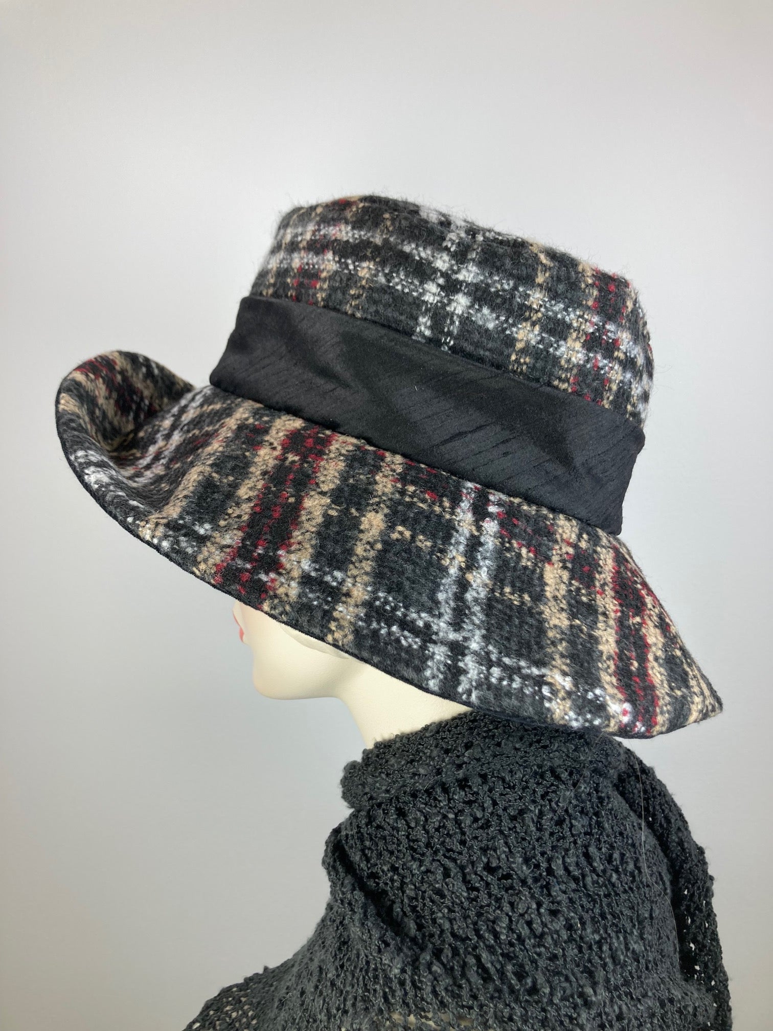 Dressy Wide Brim Hat. Ladies Warm Winter Hat. Ladies Black plaid fabric Brim Hat. Neutral womens winter hat. Warm Soft Travel Hat Women.