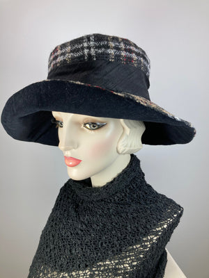 Dressy Wide Brim Hat. Ladies Warm Winter Hat. Ladies Black plaid fabric Brim Hat. Neutral womens winter hat. Warm Soft Travel Hat Women.