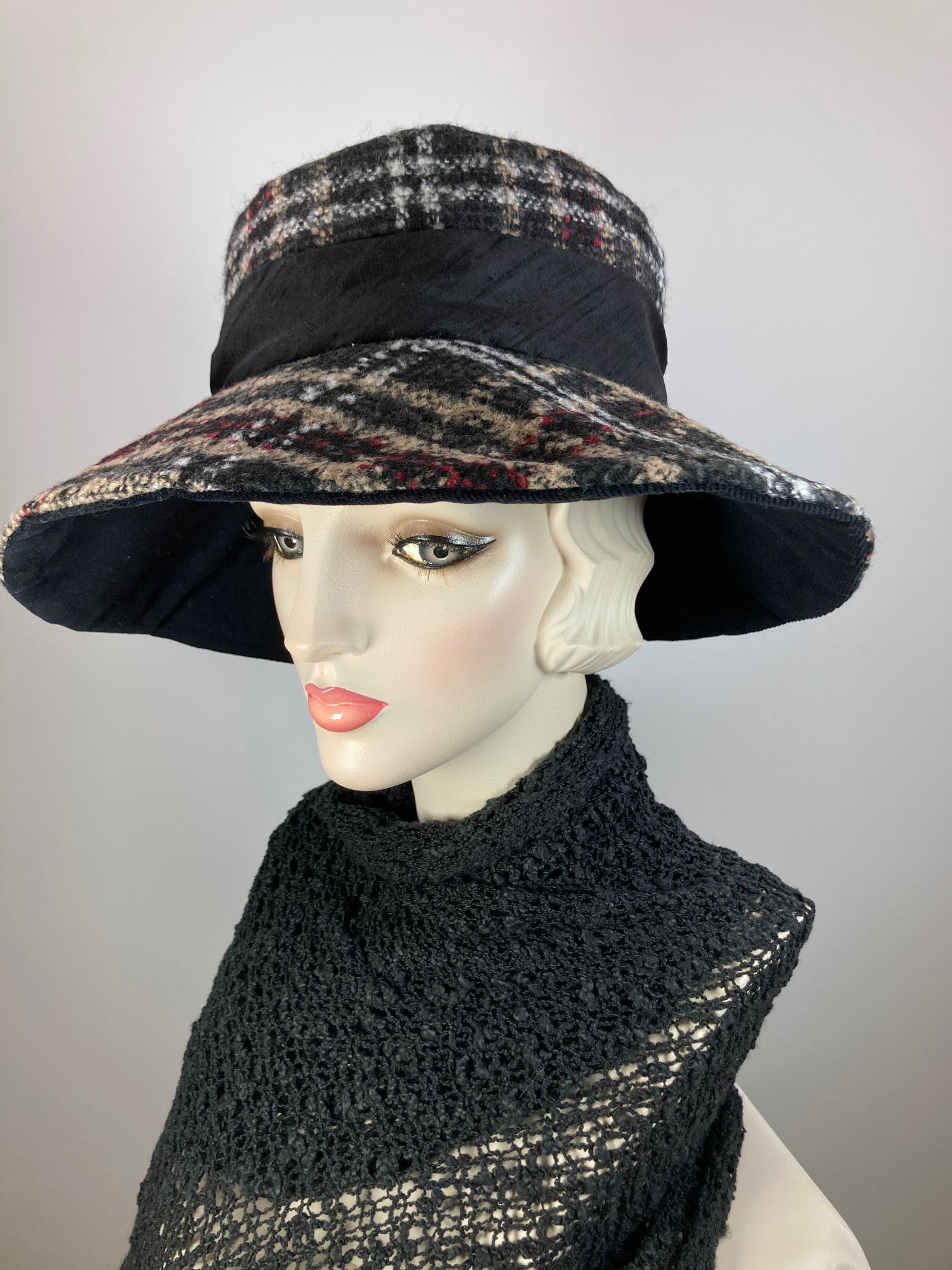 Dressy Wide Brim Hat. Ladies Warm Winter Hat. Ladies Black plaid fabric Brim Hat. Neutral womens winter hat. Warm Soft Travel Hat Women.