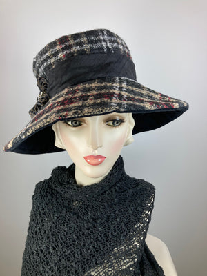 Dressy Wide Brim Hat. Ladies Warm Winter Hat. Ladies Black plaid fabric Brim Hat. Neutral womens winter hat. Warm Soft Travel Hat Women.