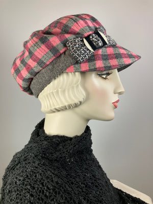 Womens pink and gray flannel Hat. Soft Newsboy Hat. Slouchy Newsboy Cap. Ladies Warm Winter Hat. Classic ladies paperboy hat. Cabbie hat.