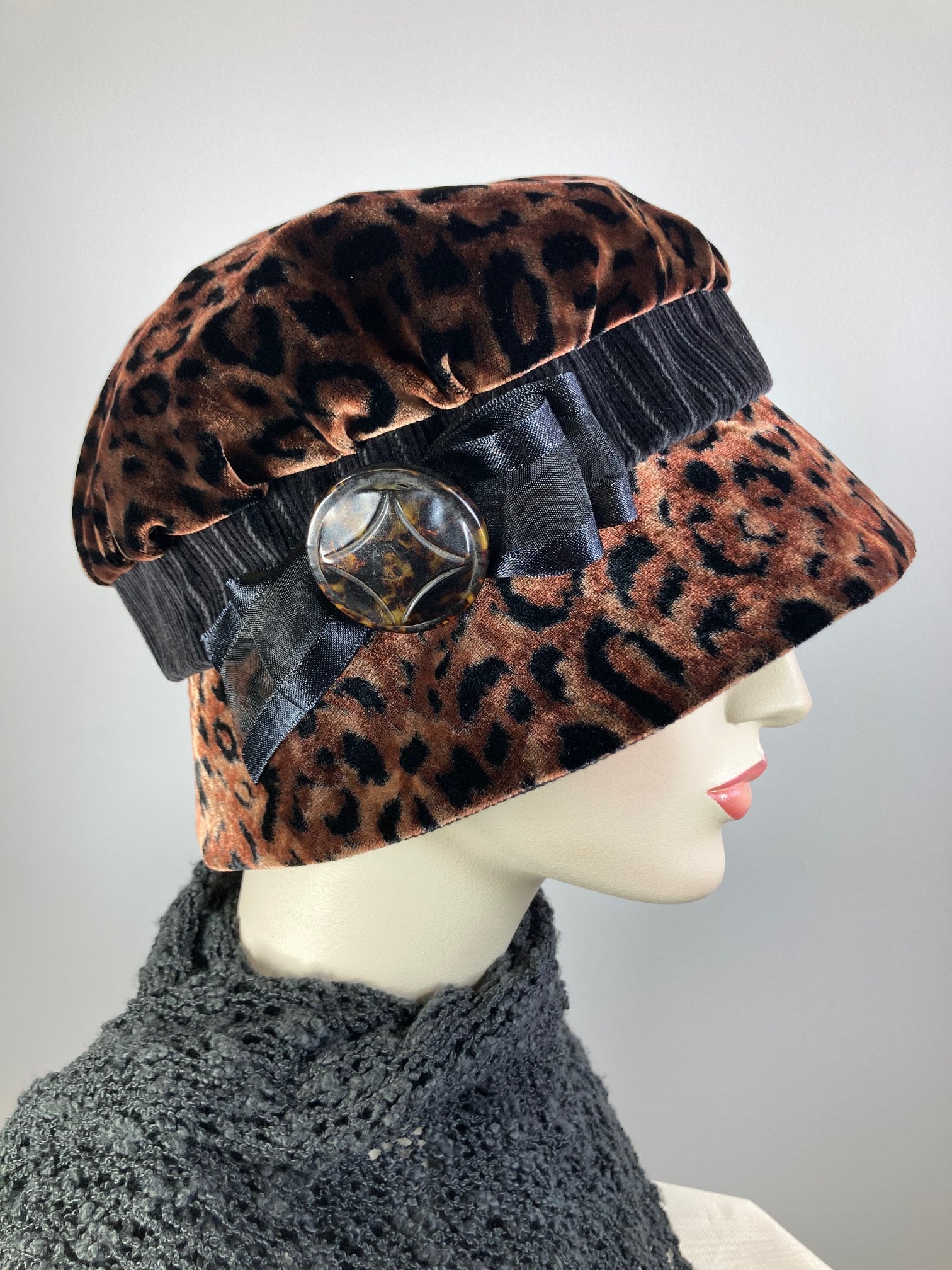 Downton Abbey Hat. Shabby chic hat. Velvet Leopard Print Cloche Hat. Stylish Winter bucket hat. Womens Travel Hat. Great Gatsby Hat. Animal