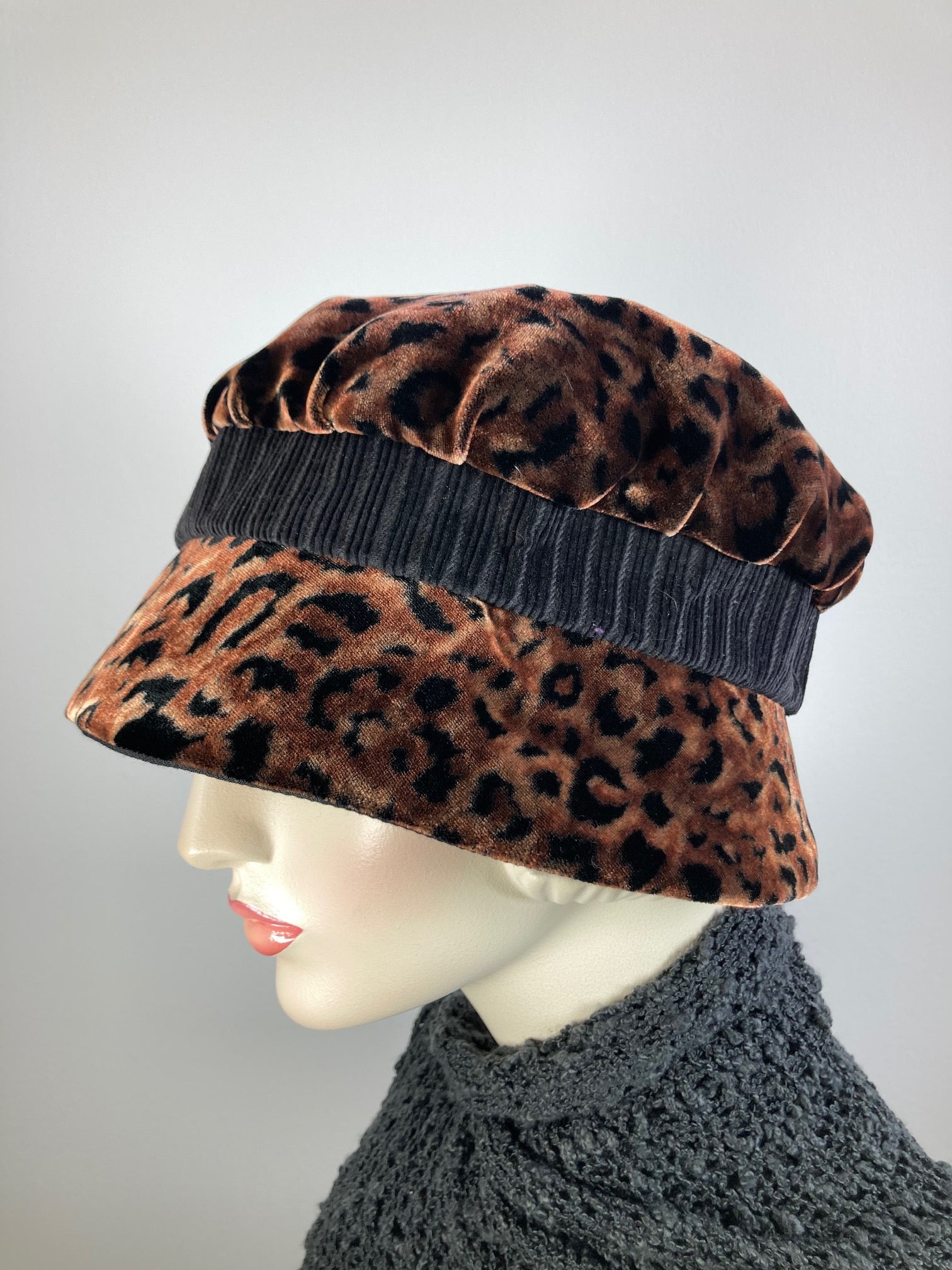 Downton Abbey Hat. Shabby chic hat. Velvet Leopard Print Cloche Hat. Stylish Winter bucket hat. Womens Travel Hat. Great Gatsby Hat. Animal