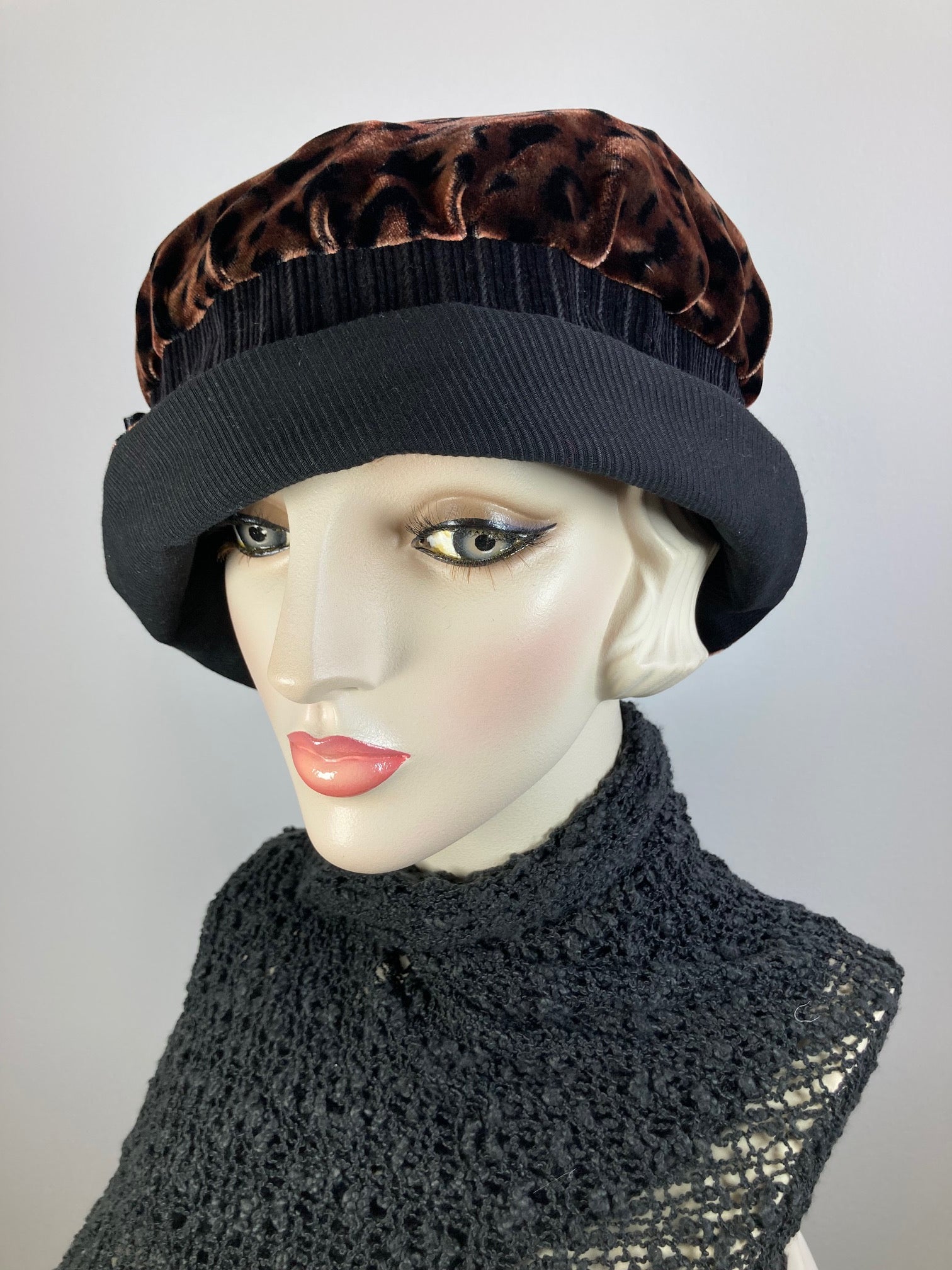 Downton Abbey Hat. Shabby chic hat. Velvet Leopard Print Cloche Hat. Stylish Winter bucket hat. Womens Travel Hat. Great Gatsby Hat. Animal