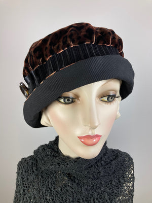 Downton Abbey Hat. Shabby chic hat. Velvet Leopard Print Cloche Hat. Stylish Winter bucket hat. Womens Travel Hat. Great Gatsby Hat. Animal