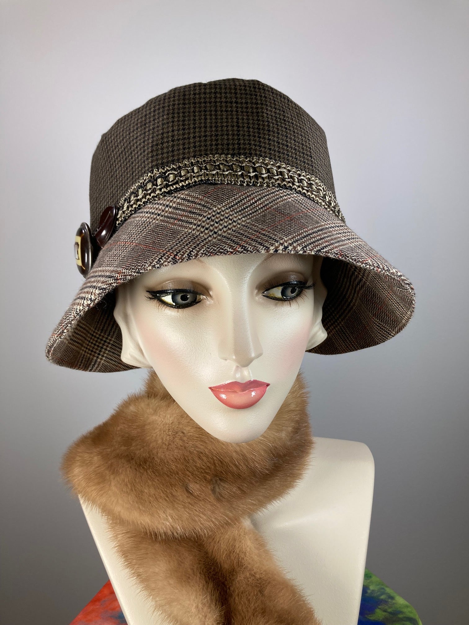 Blue, brown, beige, ivory, orange cloche hat. Women's winter cloche. Ladies small brim winter bucket hat. Great Gatsby Downton Abbey Hat.