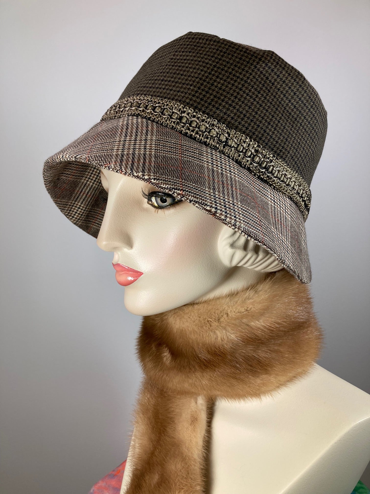 Blue, brown, beige, ivory, orange cloche hat. Women's winter cloche. Ladies small brim winter bucket hat. Great Gatsby Downton Abbey Hat.