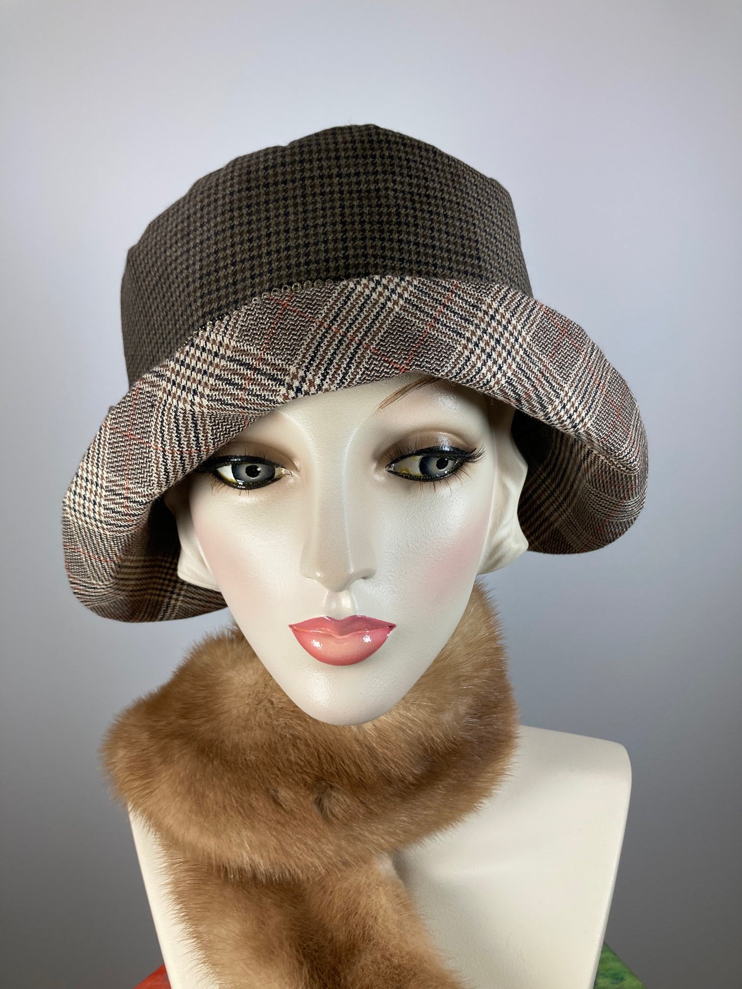 Blue, brown, beige, ivory, orange cloche hat. Women's winter cloche. Ladies small brim winter bucket hat. Great Gatsby Downton Abbey Hat.