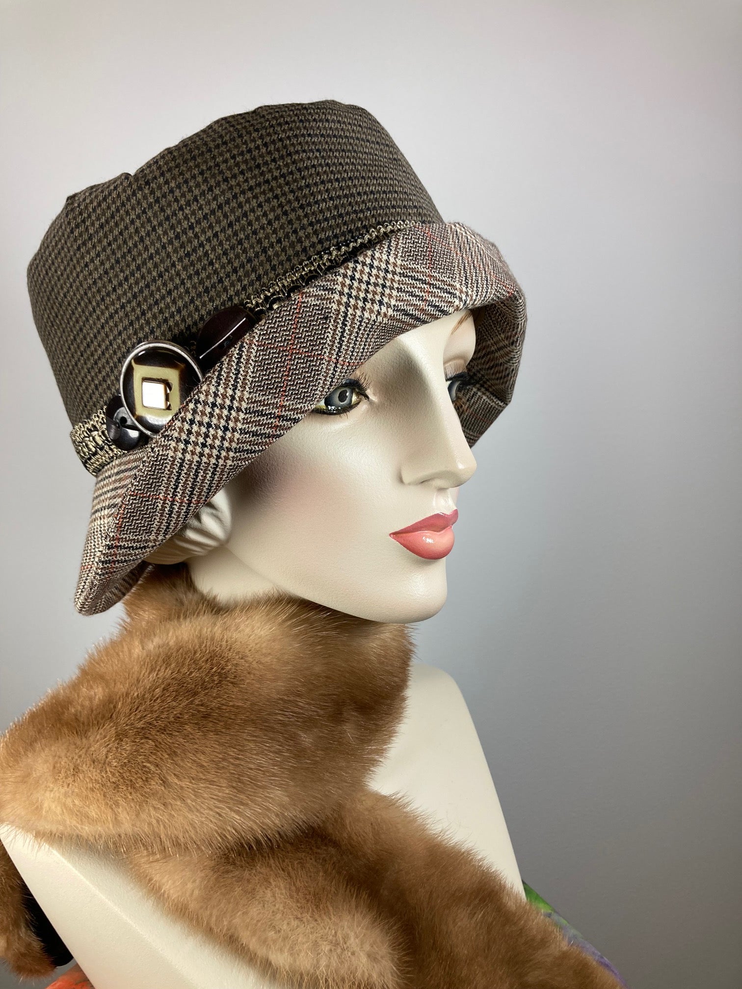 Blue, brown, beige, ivory, orange cloche hat. Women's winter cloche. Ladies small brim winter bucket hat. Great Gatsby Downton Abbey Hat.