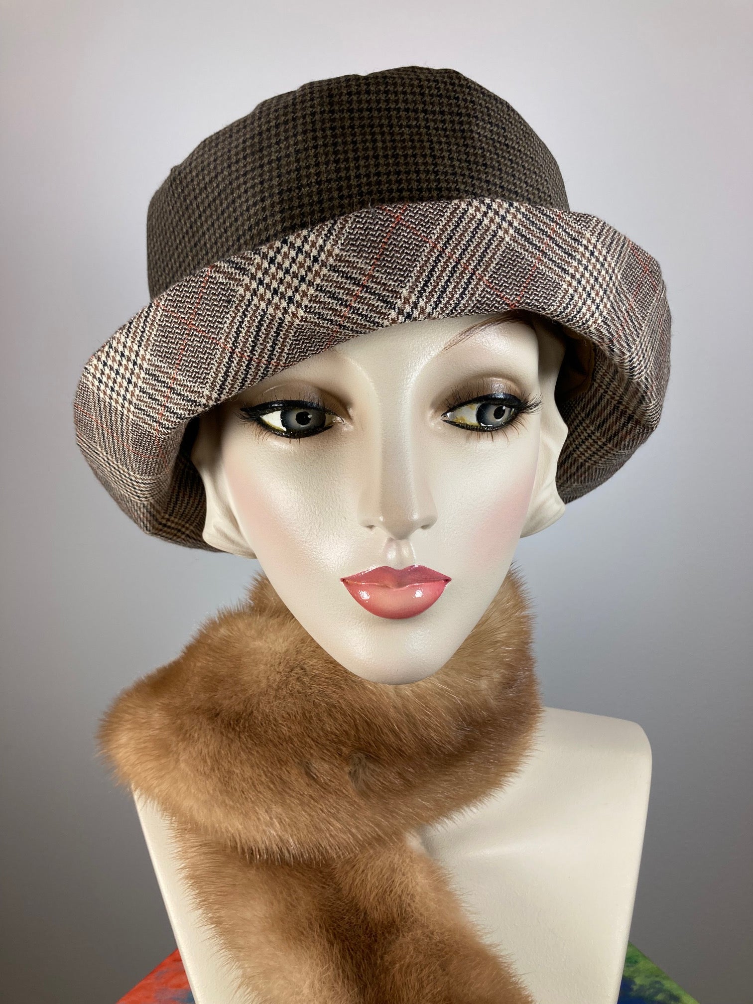 Blue, brown, beige, ivory, orange cloche hat. Women's winter cloche. Ladies small brim winter bucket hat. Great Gatsby Downton Abbey Hat.