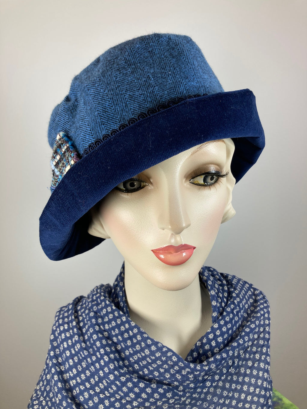 Blue warm winter cloche hat for women. Corduroy and flannel fabric hat. Vintage inspired bucket hat. Ladies small travel hat. Gatsby hat