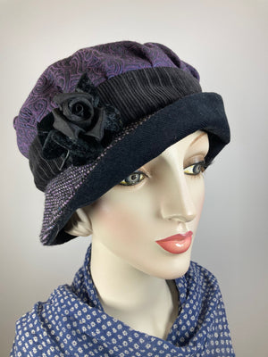 Downton Abbey Hat. Shabby chic hat. Black purple Cloche Hat. Winter bucket hat. Stylish small Hat. Womens Travel Hat. Great Gatsby Hat.