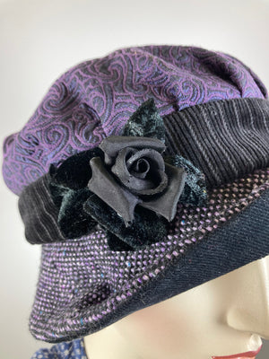 Downton Abbey Hat. Shabby chic hat. Black purple Cloche Hat. Winter bucket hat. Stylish small Hat. Womens Travel Hat. Great Gatsby Hat.