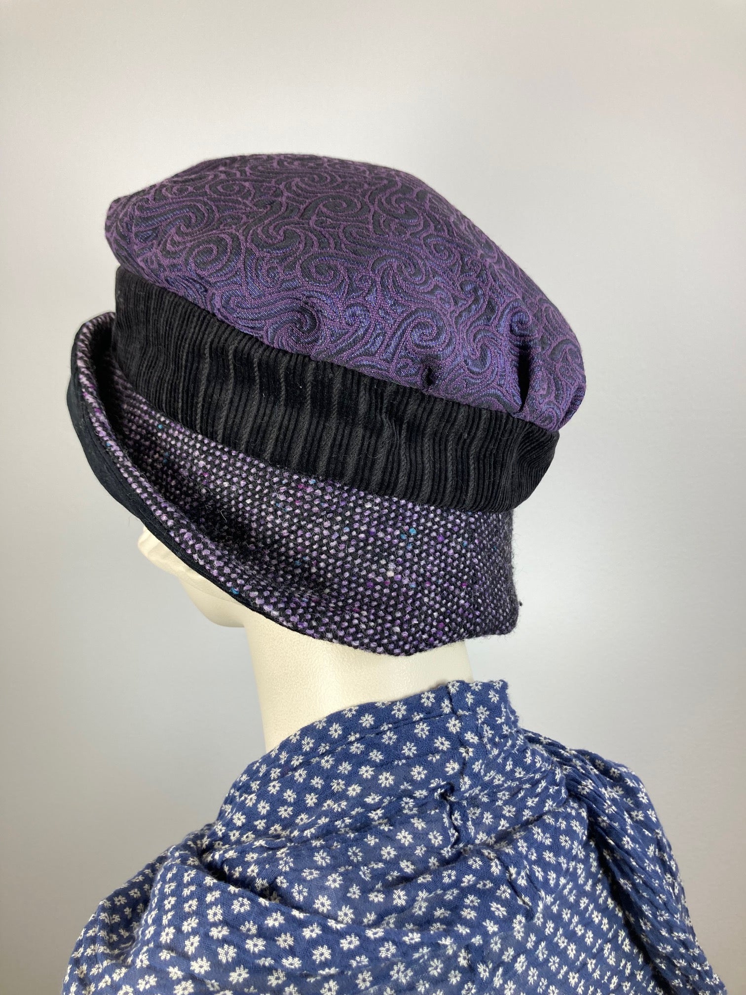 Downton Abbey Hat. Shabby chic hat. Black purple Cloche Hat. Winter bucket hat. Stylish small Hat. Womens Travel Hat. Great Gatsby Hat.