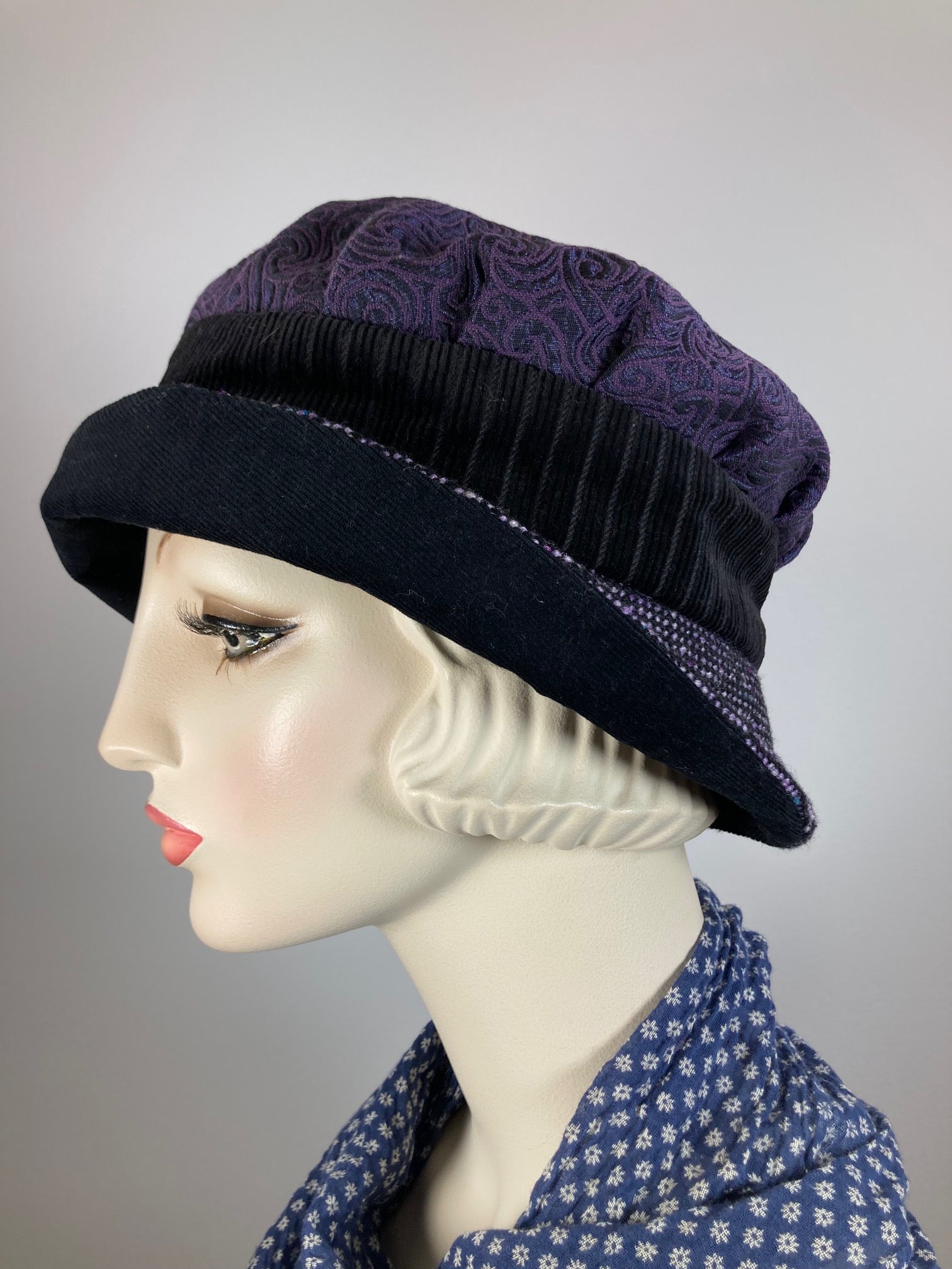 Downton Abbey Hat. Shabby chic hat. Black purple Cloche Hat. Winter bucket hat. Stylish small Hat. Womens Travel Hat. Great Gatsby Hat.