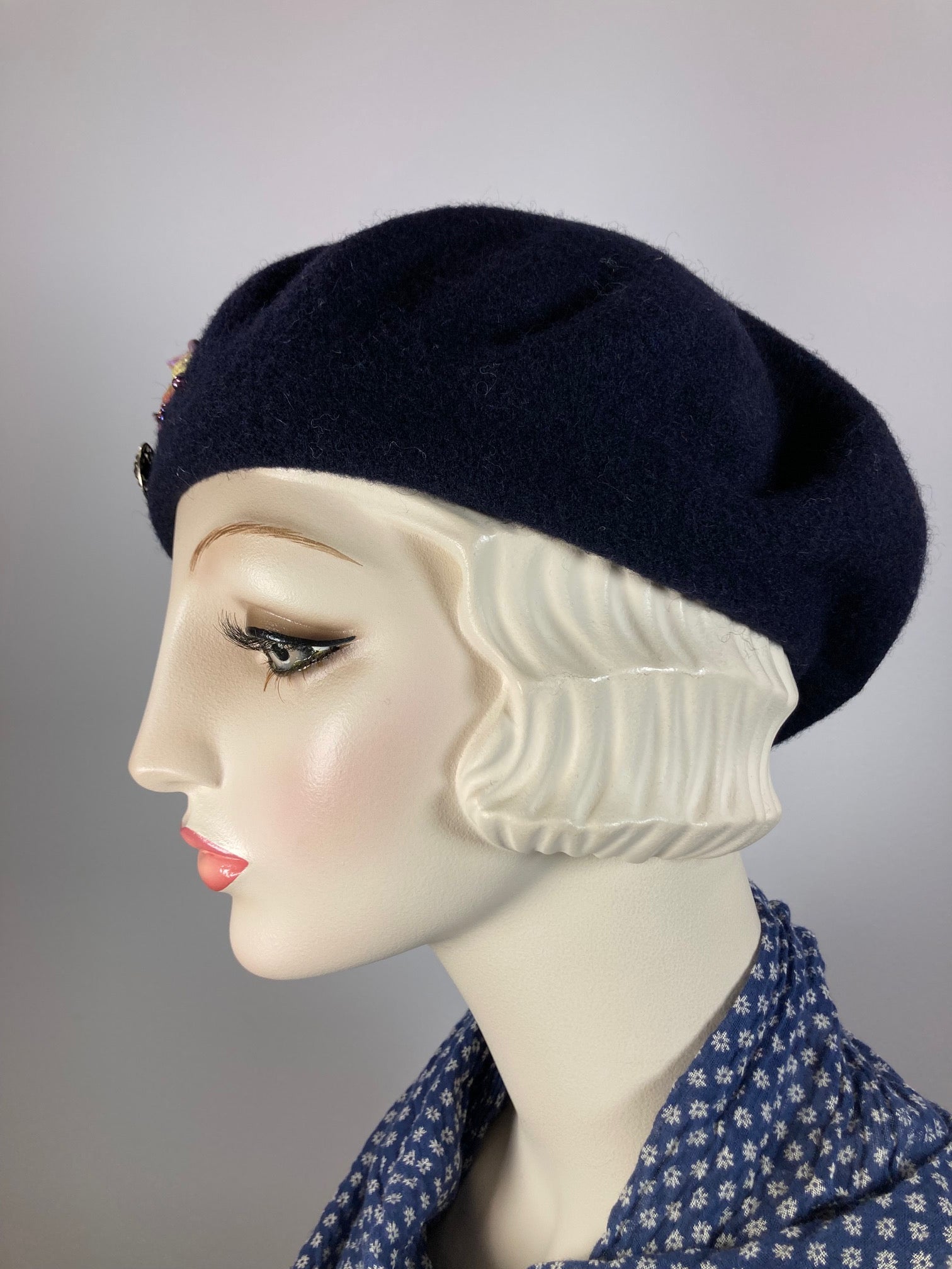 Womens Navy French Beret Hat. Felted Wool tam hat. Womens fancy soft Casual Hat. Classic embellished beret for women. Warm travel hat tam.