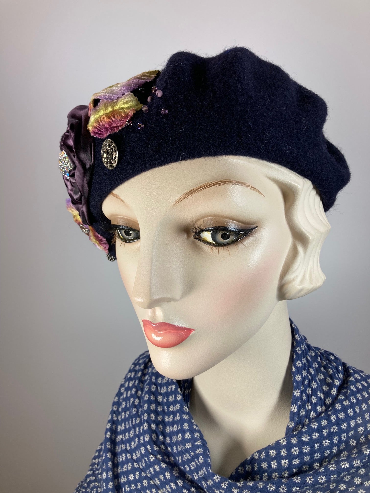 Womens Navy French Beret Hat. Felted Wool tam hat. Womens fancy soft Casual Hat. Classic embellished beret for women. Warm travel hat tam.