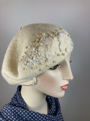 Womens ivory French Beret Hat. Felted Wool tam hat. Womens fancy soft Casual Hat. Classic embellished beret for women. Warm travel hat tam.