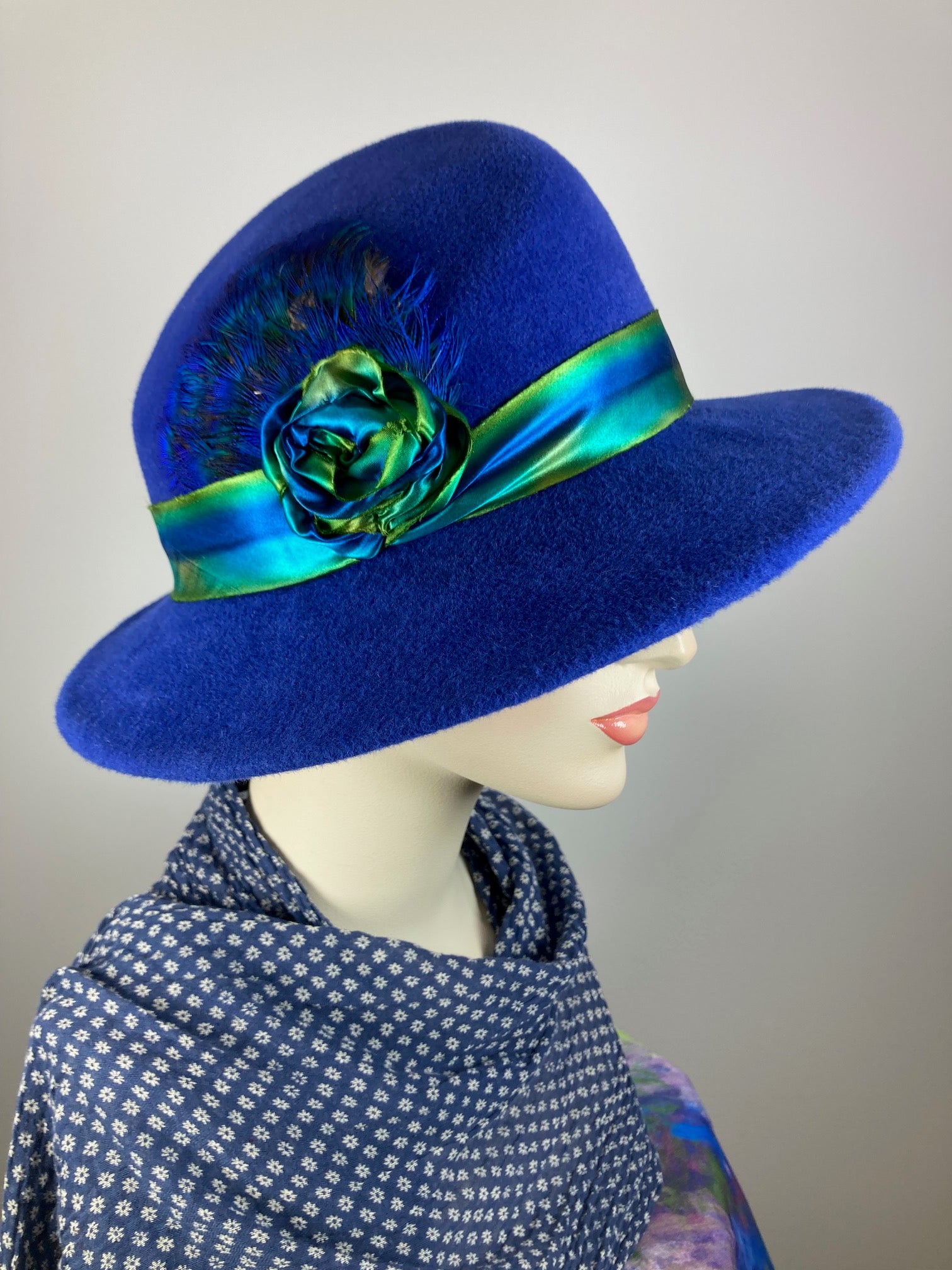 Womens winter medium brim felt hat. Royal blue wool Hat. Downton Abbey hat. Slow Fashion handmade ladies stylish hat. Asymmetrical brim hat