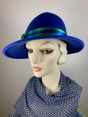 Womens winter medium brim felt hat. Royal blue wool Hat. Downton Abbey hat. Slow Fashion handmade ladies stylish hat. Asymmetrical brim hat