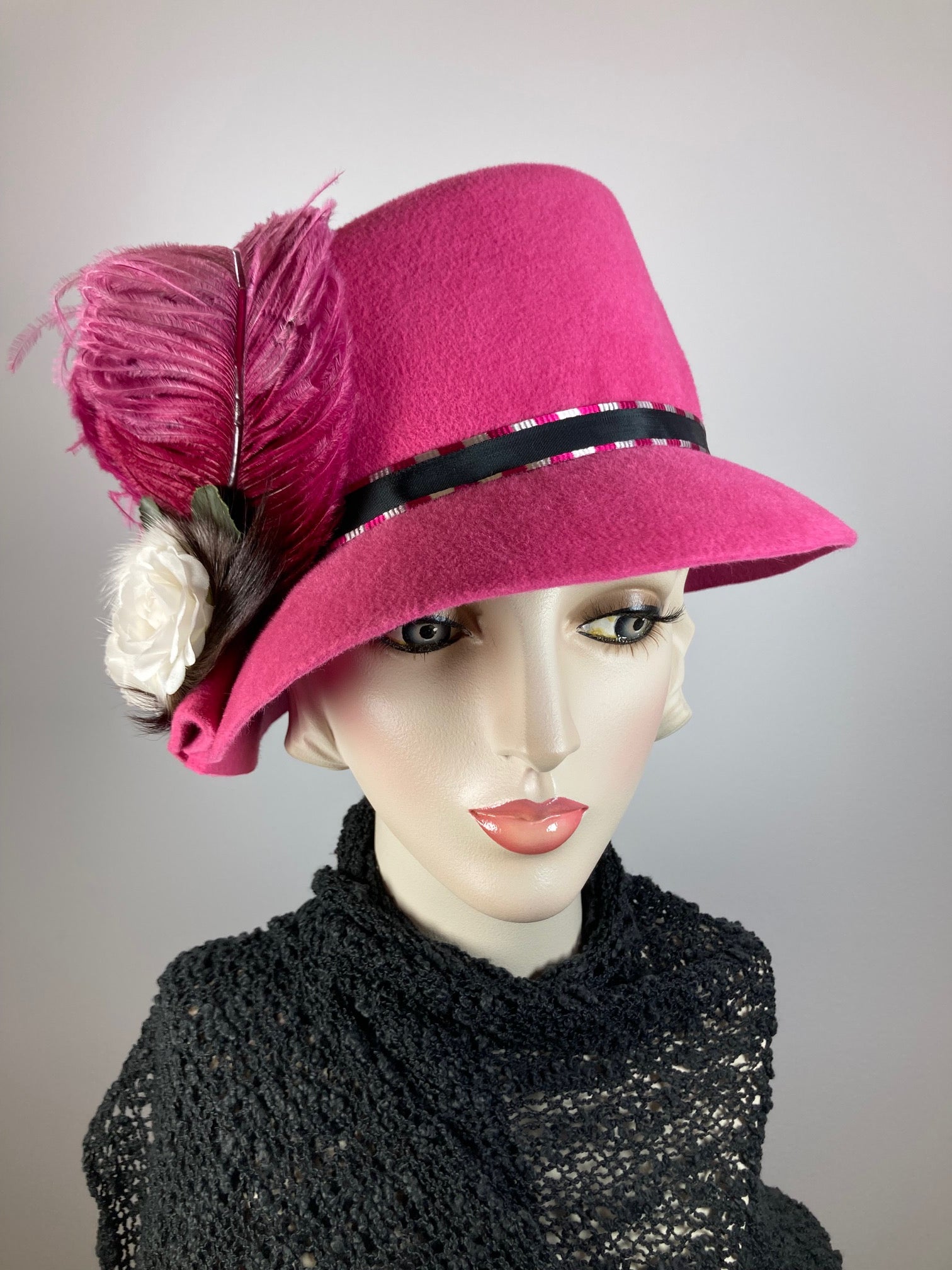 Womens winter cloche felt hat. Pink black white wool Hat. Ladies 1920s Style. Downton Abbey hat.  Slow Fashion handmade ladies stylish hat.