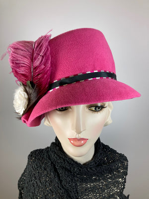 Womens winter cloche felt hat. Pink black white wool Hat. Ladies 1920s Style. Downton Abbey hat.  Slow Fashion handmade ladies stylish hat.