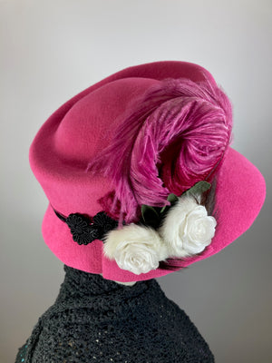 Womens winter cloche felt hat. Pink black white wool Hat. Ladies 1920s Style. Downton Abbey hat.  Slow Fashion handmade ladies stylish hat.