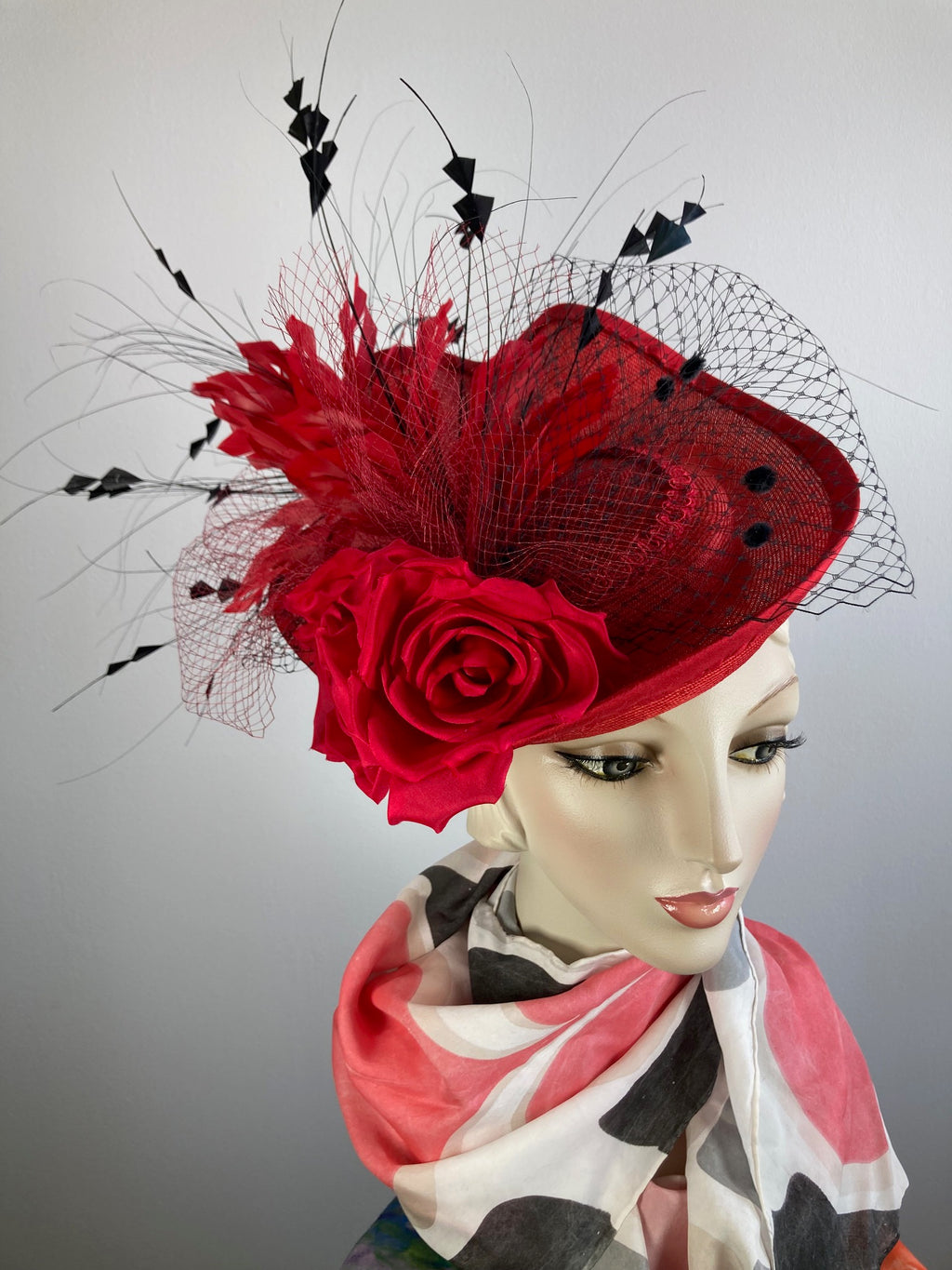 Fancy fascinator hat for women. Medium cocktail hat. Red, black Derby hat. Tea party headpiece. Headband fascinator.