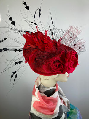 Fancy fascinator hat for women. Medium cocktail hat. Red, black Derby hat. Tea party headpiece. Headband fascinator.