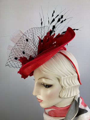 Fancy fascinator hat for women. Medium cocktail hat. Red, black Derby hat. Tea party headpiece. Headband fascinator.