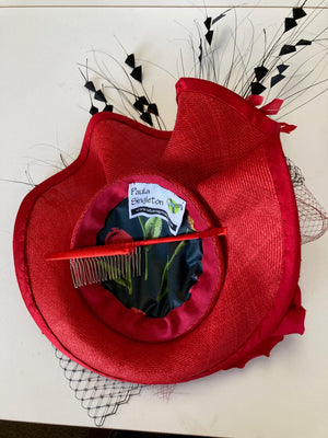 Fancy fascinator hat for women. Medium cocktail hat. Red, black Derby hat. Tea party headpiece. Headband fascinator.