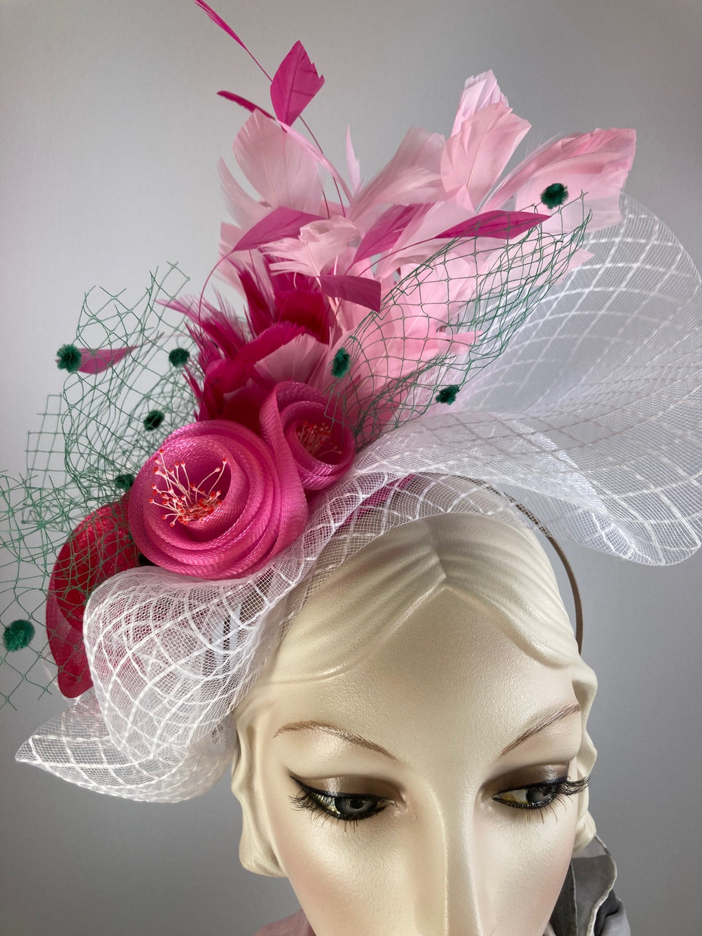 Fancy pink green fascinator hat for women. Medium cocktail hat. Tea party headpiece. Kentucky Derby Headband fascinator. KY Oaks fascinator