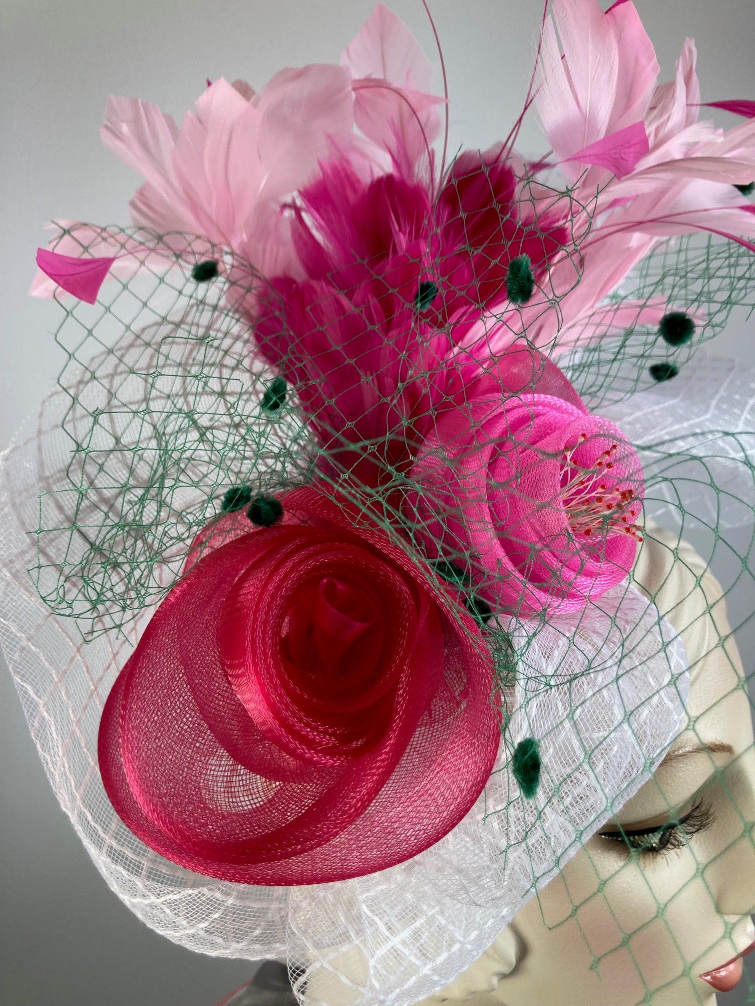 Fancy pink green fascinator hat for women. Medium cocktail hat. Tea party headpiece. Kentucky Derby Headband fascinator. KY Oaks fascinator