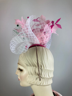 Fancy pink green fascinator hat for women. Medium cocktail hat. Tea party headpiece. Kentucky Derby Headband fascinator. KY Oaks fascinator