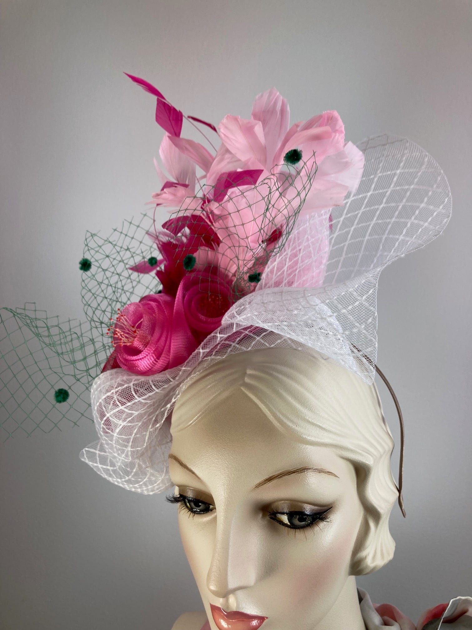 Fancy pink green fascinator hat for women. Medium cocktail hat. Tea party headpiece. Kentucky Derby Headband fascinator. KY Oaks fascinator