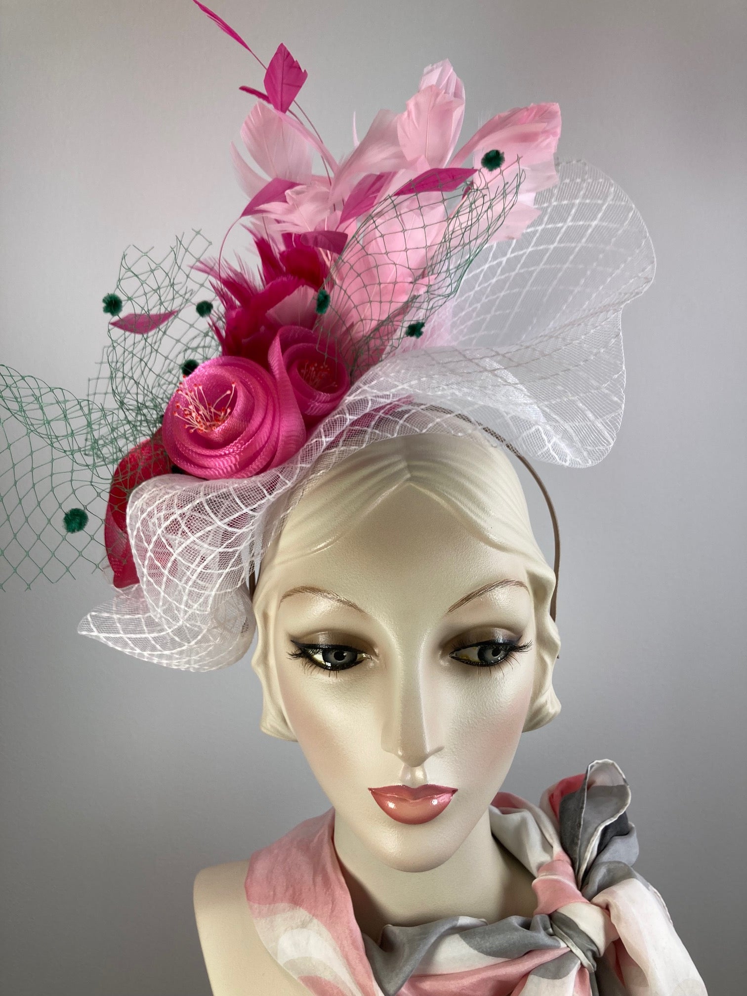 Fancy pink green fascinator hat for women. Medium cocktail hat. Tea party headpiece. Kentucky Derby Headband fascinator. KY Oaks fascinator