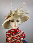 Women's Classic creamy neutral  Hat. Straw Hat Breakfast at Tiffany's Audrey Hepburn. Ivory straw hat, feathers, ribbon. Handmade hat Derby