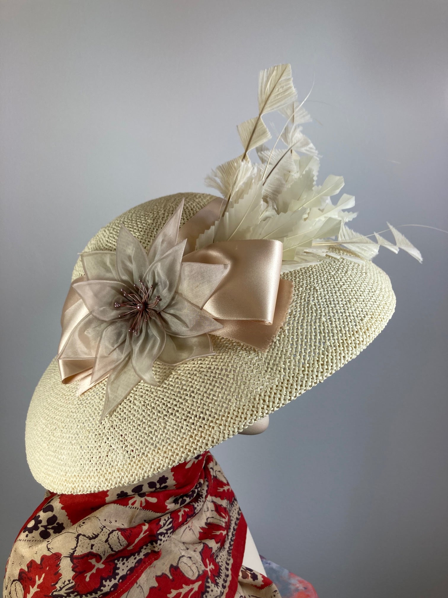 Women's Classic creamy neutral  Hat. Straw Hat Breakfast at Tiffany's Audrey Hepburn. Ivory straw hat, feathers, ribbon. Handmade hat Derby